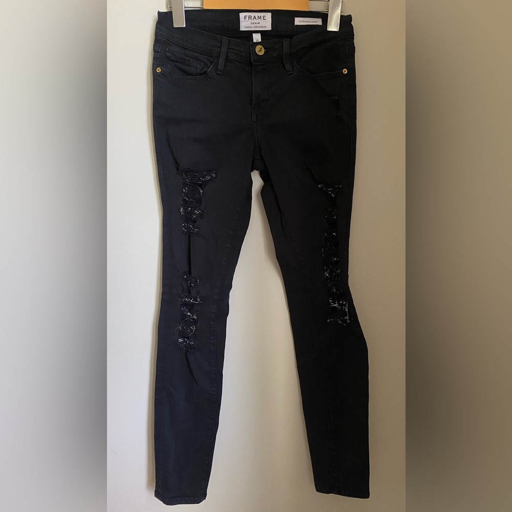Frame Le Skinny De Jeanne Black Film Noir Distressed Jeans Size 25 - Picture 2 of 10